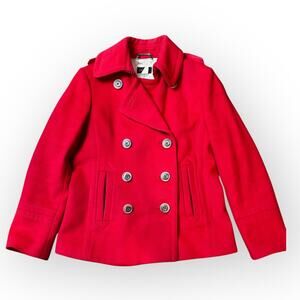 J Crew Red Double Breasted 100% Wool Coat Size S Short Filled Jacket Pockets